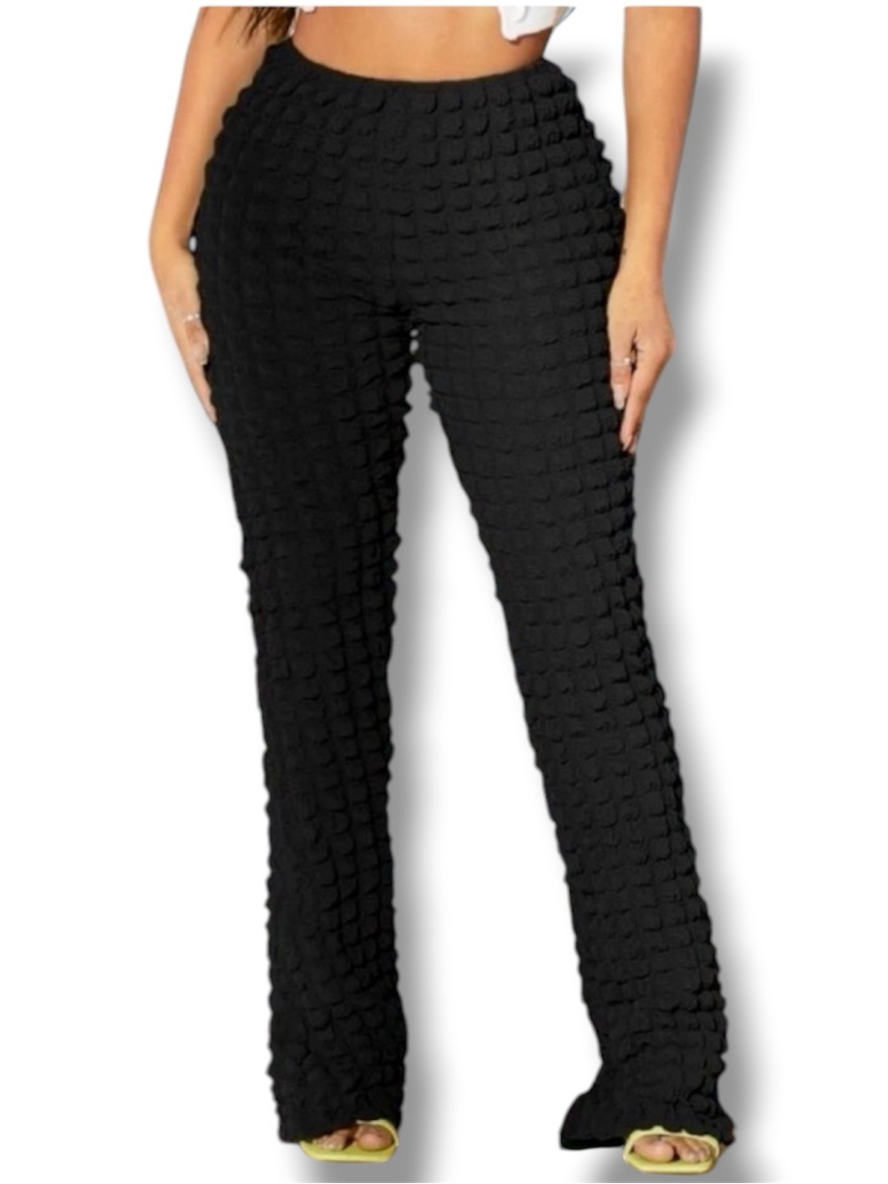 SHEIN Black Textured High Waisted Popcorn Flare Pants M NWOT 🍭